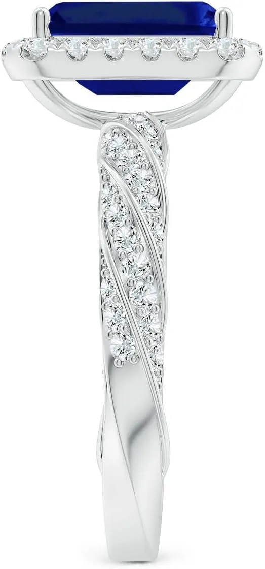 Angara Emerald-Cut Lab Grown Blue Sapphire Halo Twisted Rope Shank Engagement Ring in 14K Solid Gold/Platinum | September Birthstone, Birthday, Anniversary, Wedding Jewelry Gift for Women