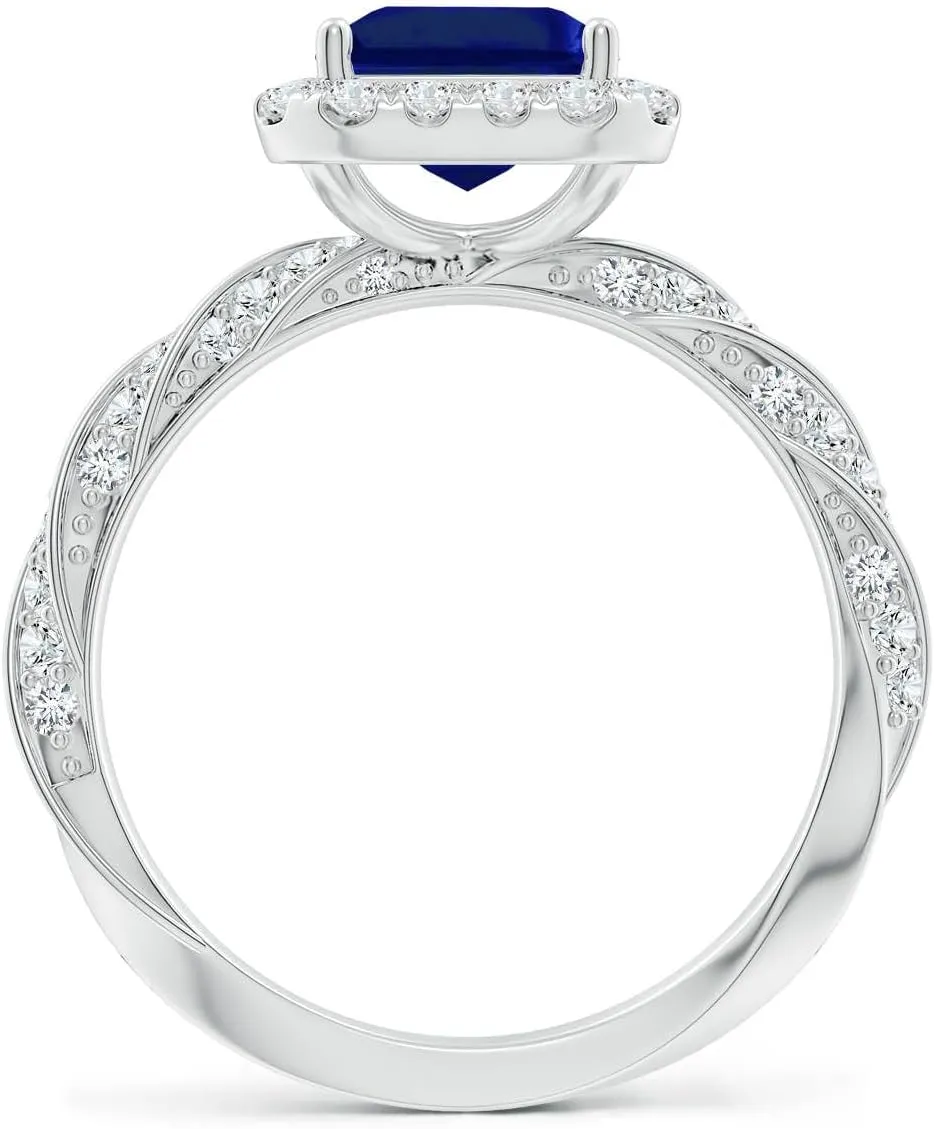 Angara Emerald-Cut Lab Grown Blue Sapphire Halo Twisted Rope Shank Engagement Ring in 14K Solid Gold/Platinum | September Birthstone, Birthday, Anniversary, Wedding Jewelry Gift for Women