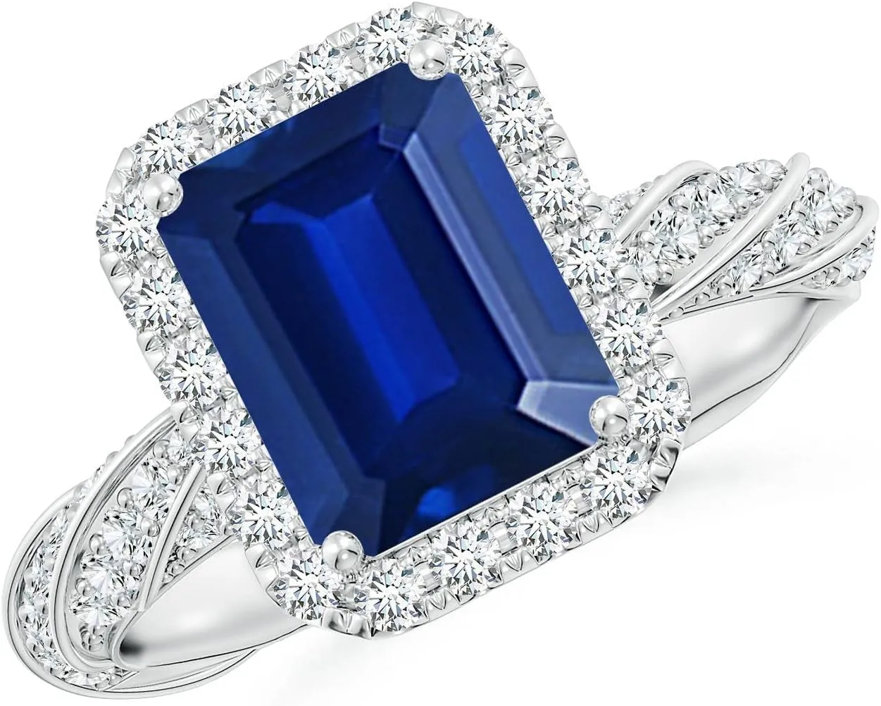 Angara Emerald-Cut Lab Grown Blue Sapphire Halo Twisted Rope Shank Engagement Ring in 14K Solid Gold/Platinum | September Birthstone, Birthday, Anniversary, Wedding Jewelry Gift for Women