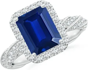 Angara Emerald-Cut Lab Grown Blue Sapphire Halo Twisted Rope Shank Engagement Ring in 14K Solid Gold/Platinum | September Birthstone, Birthday, Anniversary, Wedding Jewelry Gift for Women