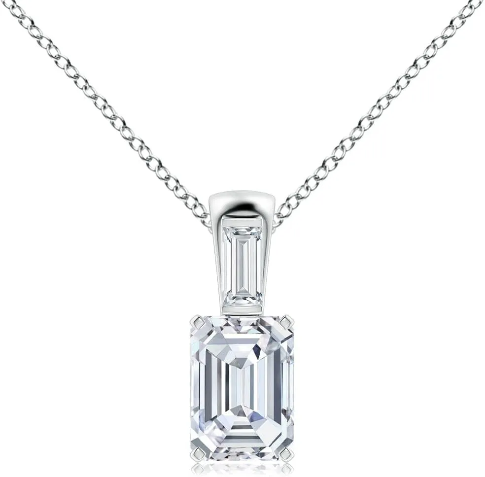 Angara Emerald-Cut Lab Grown Diamond Pendant with Baguette Accent in 14K Solid Gold/Platinum | April Birthstone, Birthday, Engagement, Anniversary, Wedding Jewelry Gift for Women