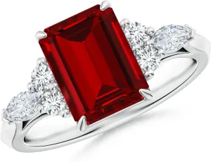 Angara Emerald-Cut Lab Grown Ruby Side Stone Engagement Ring with Diamonds in 14K Solid Gold/Platinum | July Birthstone, Birthday, Anniversary, Wedding Jewelry Gift for Women