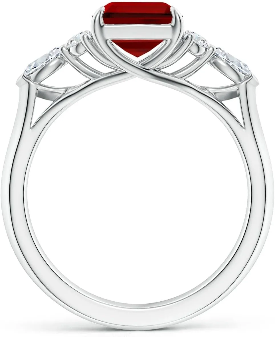 Angara Emerald-Cut Lab Grown Ruby Side Stone Engagement Ring with Diamonds in 14K Solid Gold/Platinum | July Birthstone, Birthday, Anniversary, Wedding Jewelry Gift for Women