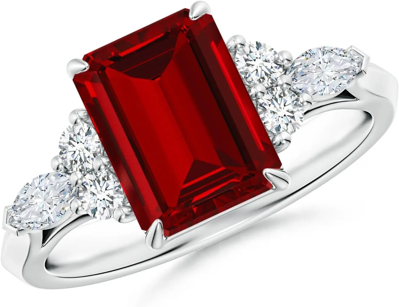 Angara Emerald-Cut Lab Grown Ruby Side Stone Engagement Ring with Diamonds in 14K Solid Gold/Platinum | July Birthstone, Birthday, Anniversary, Wedding Jewelry Gift for Women