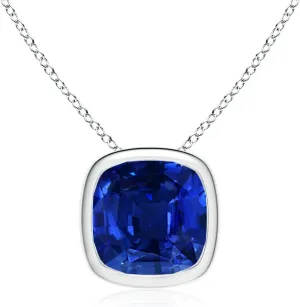 Angara Lab Grown Bezel-Set Cushion Blue Sapphire Solitaire Pendant in 14K Solid Gold/Platinum | September Birthstone, Birthday, Engagement, Anniversary, Wedding Jewelry Gift for Women