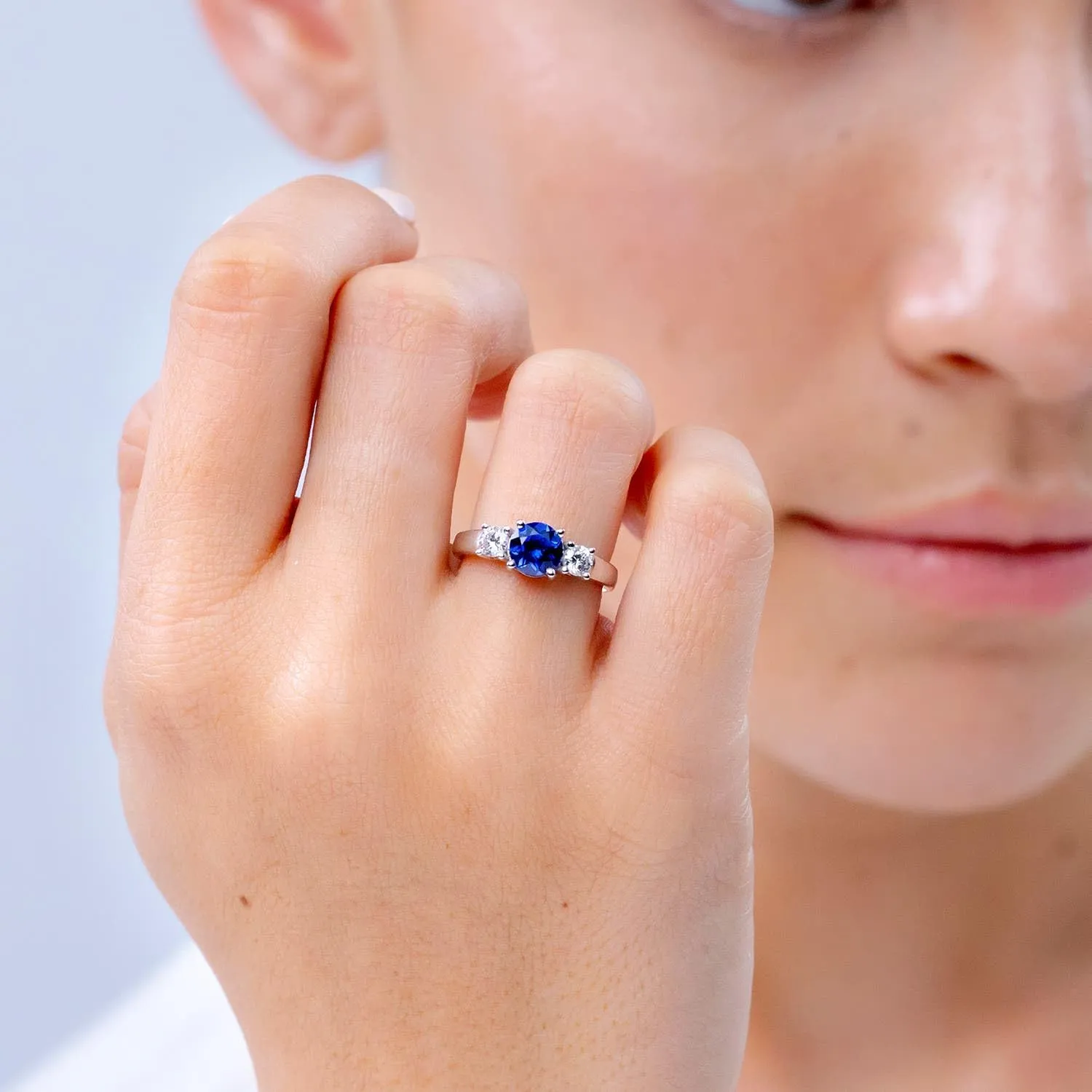 Angara Lab Grown Classic Blue Sapphire and Lab Diamond Three Stone Engagement Ring in Silver / 14K Solid Gold/Platinum | September Birthstone, Birthday, Anniversary, Wedding Jewelry Gift for Women