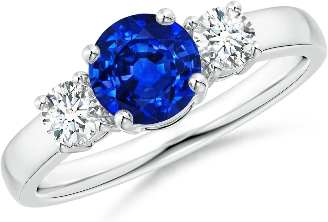 Angara Lab Grown Classic Blue Sapphire and Lab Diamond Three Stone Engagement Ring in Silver / 14K Solid Gold/Platinum | September Birthstone, Birthday, Anniversary, Wedding Jewelry Gift for Women