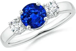 Angara Lab Grown Classic Blue Sapphire and Lab Diamond Three Stone Engagement Ring in Silver / 14K Solid Gold/Platinum | September Birthstone, Birthday, Anniversary, Wedding Jewelry Gift for Women