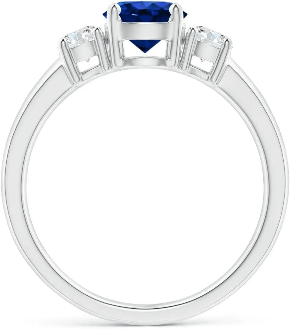Angara Lab Grown Classic Blue Sapphire and Lab Diamond Three Stone Engagement Ring in Silver / 14K Solid Gold/Platinum | September Birthstone, Birthday, Anniversary, Wedding Jewelry Gift for Women