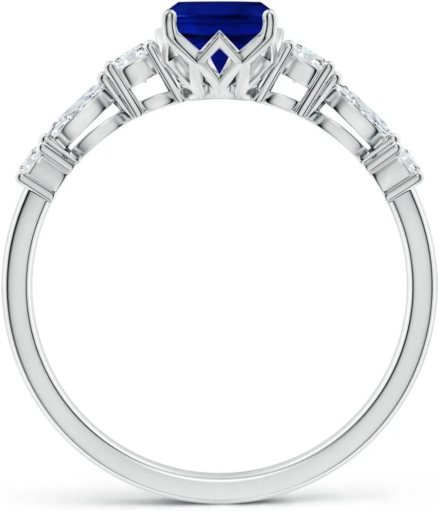 Angara Lab Grown Classic Cushion Rectangular Blue Sapphire Side Stone Engagement Ring in 14K Solid Gold/Platinum | September Birthstone, Birthday, Anniversary, Wedding Jewelry Gift for Women