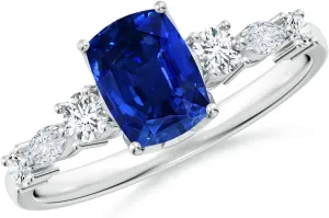 Angara Lab Grown Classic Cushion Rectangular Blue Sapphire Side Stone Engagement Ring in 14K Solid Gold/Platinum | September Birthstone, Birthday, Anniversary, Wedding Jewelry Gift for Women