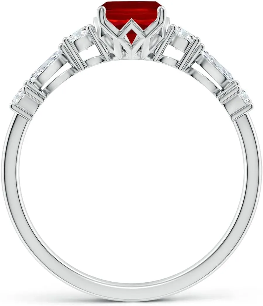 Angara Lab Grown Classic Cushion Rectangular Ruby Side Stone Engagement Ring in 14K Solid Gold/Platinum | July Birthstone, Birthday, Anniversary, Wedding Jewelry Gift for Women