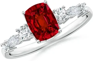 Angara Lab Grown Classic Cushion Rectangular Ruby Side Stone Engagement Ring in 14K Solid Gold/Platinum | July Birthstone, Birthday, Anniversary, Wedding Jewelry Gift for Women