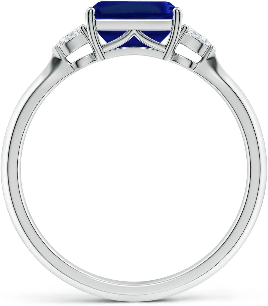 Angara Lab Grown Classic East-West Emerald-Cut Blue Sapphire Side Stone Engagement Ring in 14K Solid Gold/Platinum | September Birthstone, Birthday, Anniversary, Wedding Jewelry Gift for Women