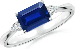 Angara Lab Grown Classic East-West Emerald-Cut Blue Sapphire Side Stone Engagement Ring in 14K Solid Gold/Platinum | September Birthstone, Birthday, Anniversary, Wedding Jewelry Gift for Women