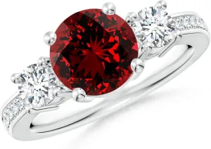Angara Lab Grown Classic Three Stone Ruby and Lab Diamond Ring in 14K Solid Gold/Platinum | July Birthstone, Birthday, Engagement, Anniversary, Wedding Jewelry Gift for Women