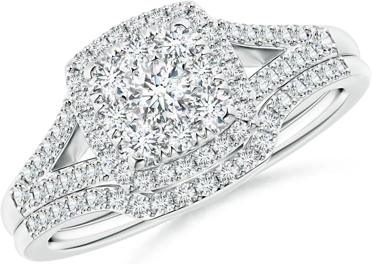Angara Lab Grown Cushion Composite Diamond Halo Split Shank Bridal Set in Silver / 14K Solid Gold/Platinum | April Birthstone, Birthday, Engagement, Anniversary, Wedding Jewelry Gift for Women