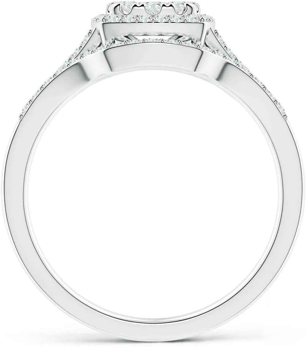 Angara Lab Grown Cushion Composite Diamond Halo Split Shank Bridal Set in Silver / 14K Solid Gold/Platinum | April Birthstone, Birthday, Engagement, Anniversary, Wedding Jewelry Gift for Women