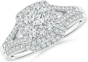 Angara Lab Grown Cushion Composite Diamond Halo Split Shank Bridal Set in Silver / 14K Solid Gold/Platinum | April Birthstone, Birthday, Engagement, Anniversary, Wedding Jewelry Gift for Women