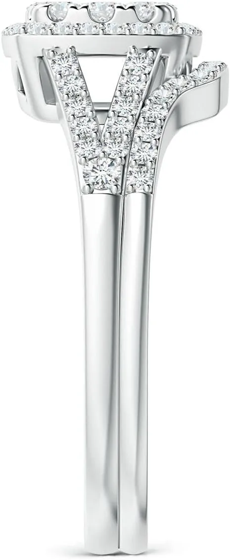 Angara Lab Grown Cushion Composite Diamond Halo Split Shank Bridal Set in Silver / 14K Solid Gold/Platinum | April Birthstone, Birthday, Engagement, Anniversary, Wedding Jewelry Gift for Women