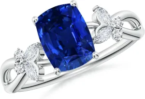 Angara Lab Grown Cushion Rectangular Blue Sapphire Butterfly Engagement Ring in 14K Solid Gold/Platinum | September Birthstone, Birthday, Anniversary, Wedding Jewelry Gift for Women