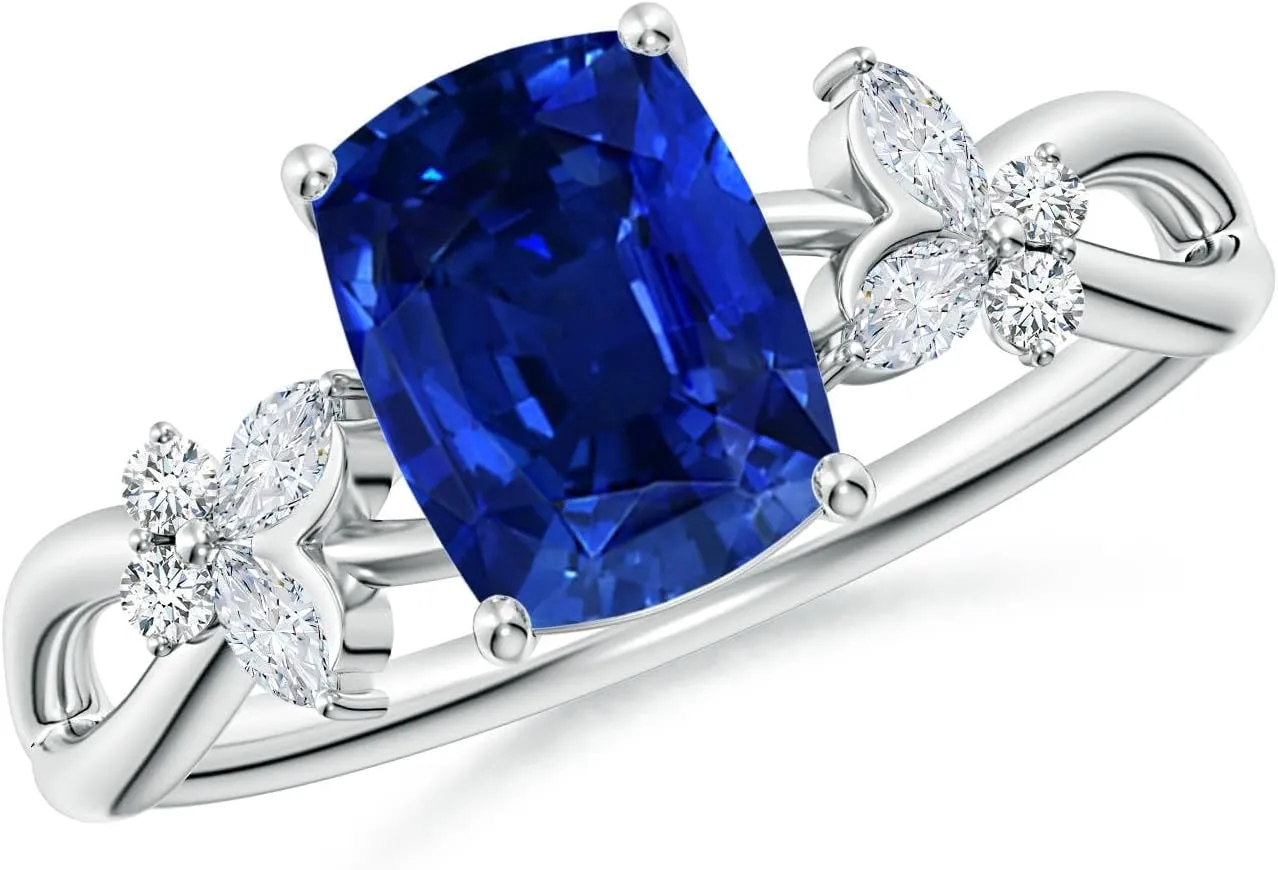 Angara Lab Grown Cushion Rectangular Blue Sapphire Butterfly Engagement Ring in 14K Solid Gold/Platinum | September Birthstone, Birthday, Anniversary, Wedding Jewelry Gift for Women