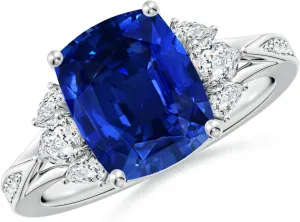 Angara Lab Grown Cushion Rectangular Blue Sapphire Engagement Ring with Lab Pear Diamonds in 14K Solid Gold/Platinum | September Birthstone, Birthday, Anniversary, Wedding Jewelry Gift for Women