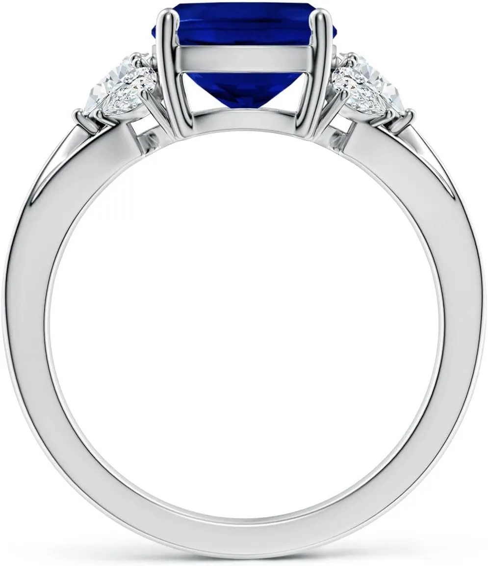 Angara Lab Grown Cushion Rectangular Blue Sapphire Engagement Ring with Lab Pear Diamonds in 14K Solid Gold/Platinum | September Birthstone, Birthday, Anniversary, Wedding Jewelry Gift for Women