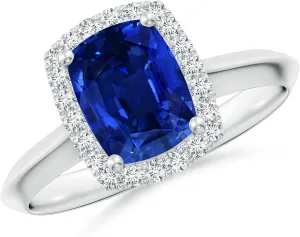 Angara Lab Grown Cushion Rectangular Blue Sapphire Halo Knife-Edge Shank Engagement Ring in 14K Solid Gold/Platinum | September Birthstone, Birthday, Anniversary, Wedding Jewelry Gift for Women