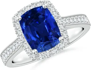 Angara Lab Grown Cushion Rectangular Blue Sapphire Reverse Tapered Shank Halo Engagement Ring in 14K Solid Gold/Platinum | September Birthstone, Birthday, Anniversary, Wedding Jewelry Gift for Women
