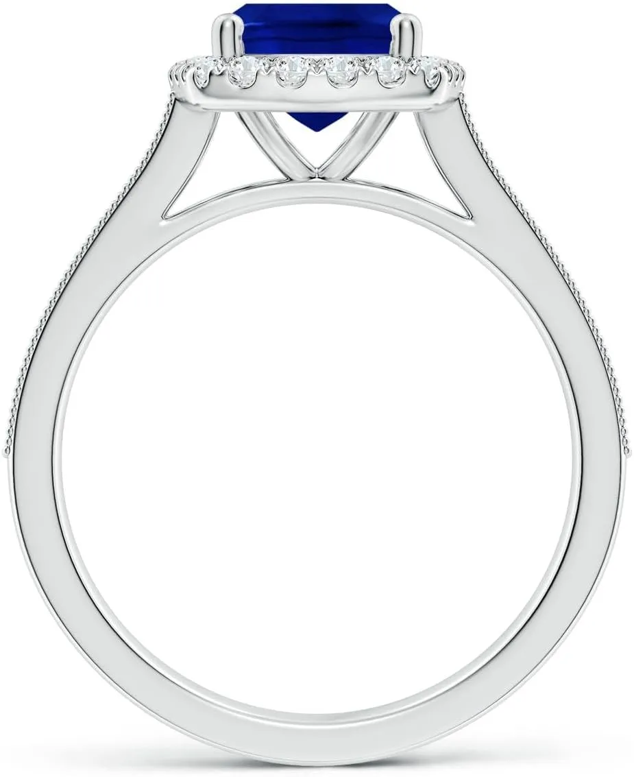 Angara Lab Grown Cushion Rectangular Blue Sapphire Reverse Tapered Shank Halo Engagement Ring in 14K Solid Gold/Platinum | September Birthstone, Birthday, Anniversary, Wedding Jewelry Gift for Women