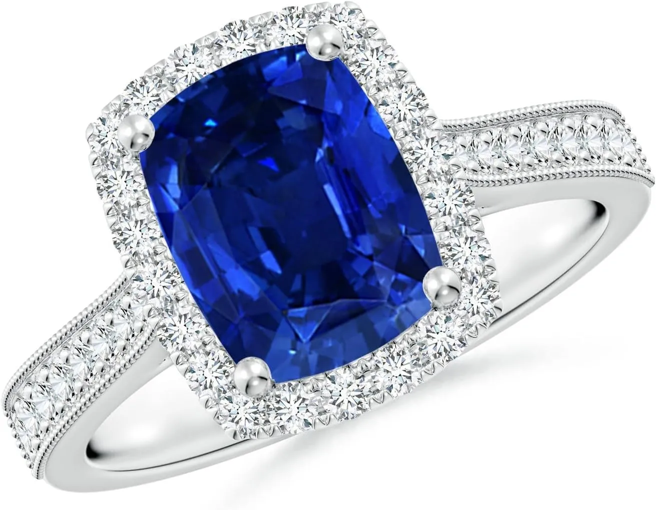 Angara Lab Grown Cushion Rectangular Blue Sapphire Reverse Tapered Shank Halo Engagement Ring in 14K Solid Gold/Platinum | September Birthstone, Birthday, Anniversary, Wedding Jewelry Gift for Women