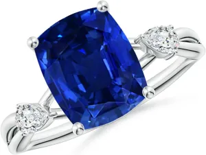 Angara Lab Grown Cushion Rectangular Blue Sapphire Side Stone Engagement Ring in 14K Solid Gold/Platinum | September Birthstone, Birthday, Anniversary, Wedding Jewelry Gift for Women