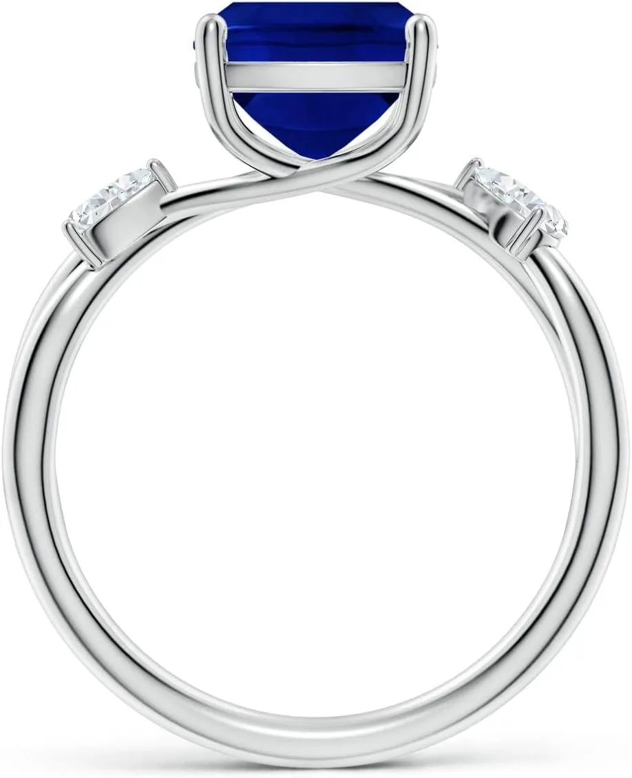 Angara Lab Grown Cushion Rectangular Blue Sapphire Side Stone Engagement Ring in 14K Solid Gold/Platinum | September Birthstone, Birthday, Anniversary, Wedding Jewelry Gift for Women