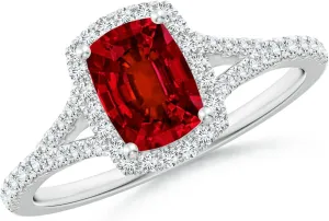 Angara Lab Grown Cushion Rectangular Ruby Halo Split Shank Engagement Ring in 14K Solid Gold/Platinum | July Birthstone, Birthday, Anniversary, Wedding Jewelry Gift for Women