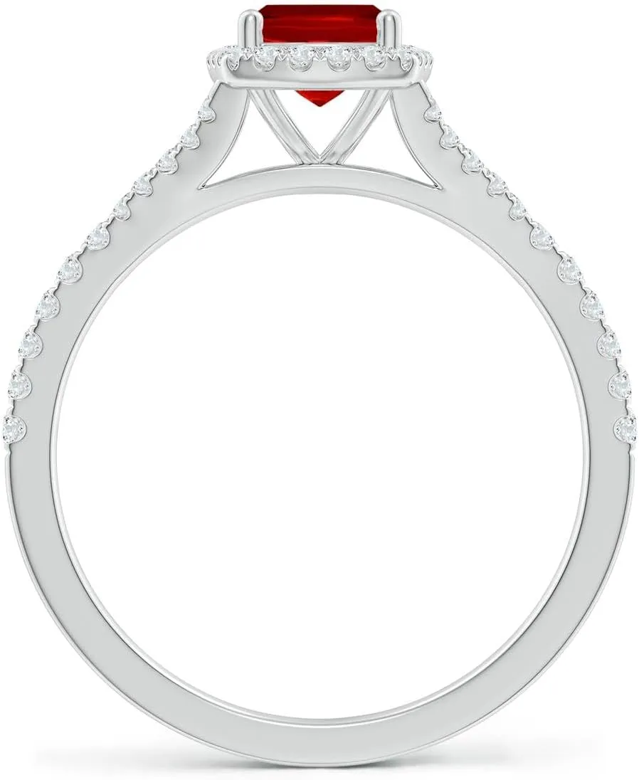 Angara Lab Grown Cushion Rectangular Ruby Halo Split Shank Engagement Ring in 14K Solid Gold/Platinum | July Birthstone, Birthday, Anniversary, Wedding Jewelry Gift for Women