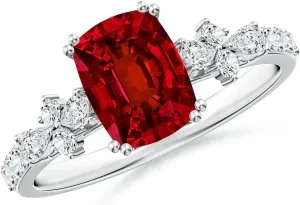 Angara Lab Grown Cushion Rectangular Ruby Side Stone Engagement Ring with Accents in 14K Solid Gold/Platinum | July Birthstone, Birthday, Anniversary, Wedding Jewelry Gift for Women