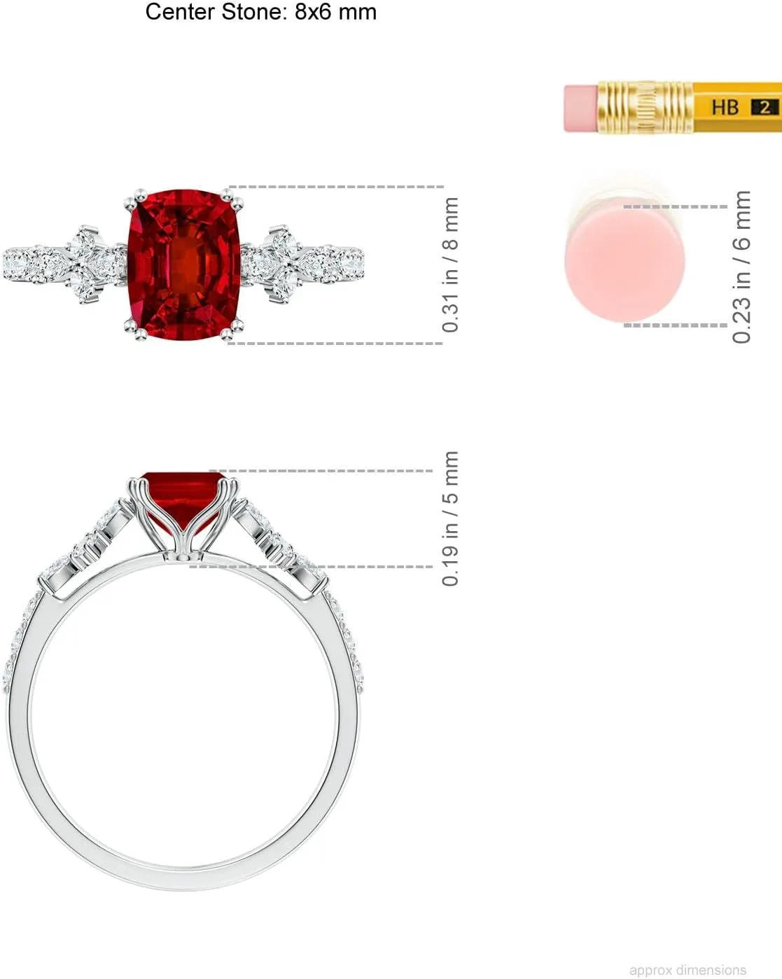 Angara Lab Grown Cushion Rectangular Ruby Side Stone Engagement Ring with Accents in 14K Solid Gold/Platinum | July Birthstone, Birthday, Anniversary, Wedding Jewelry Gift for Women