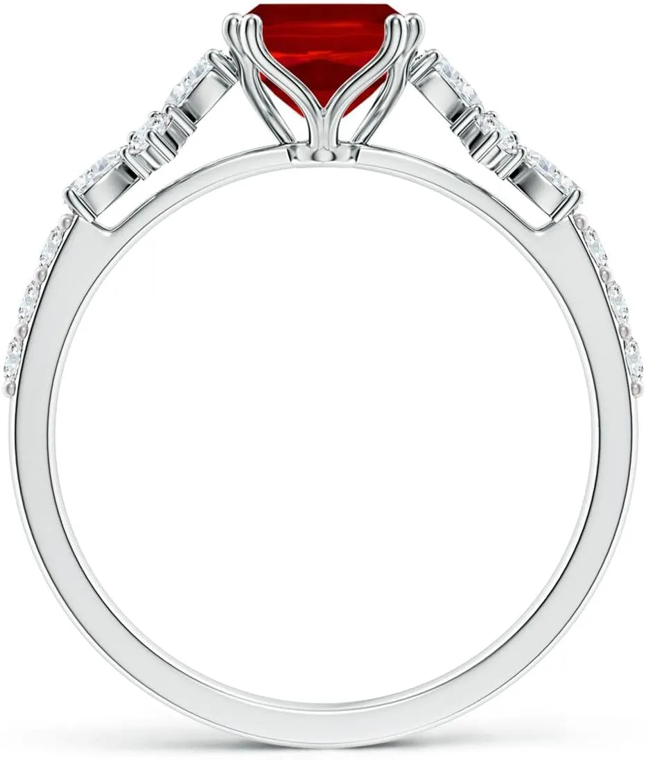 Angara Lab Grown Cushion Rectangular Ruby Side Stone Engagement Ring with Accents in 14K Solid Gold/Platinum | July Birthstone, Birthday, Anniversary, Wedding Jewelry Gift for Women