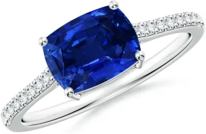Angara Lab Grown East-West Cushion Rectangular Blue Sapphire Cathedral Engagement Ring in 14K Solid Gold/Platinum | September Birthstone, Birthday, Anniversary, Wedding Jewelry Gift for Women