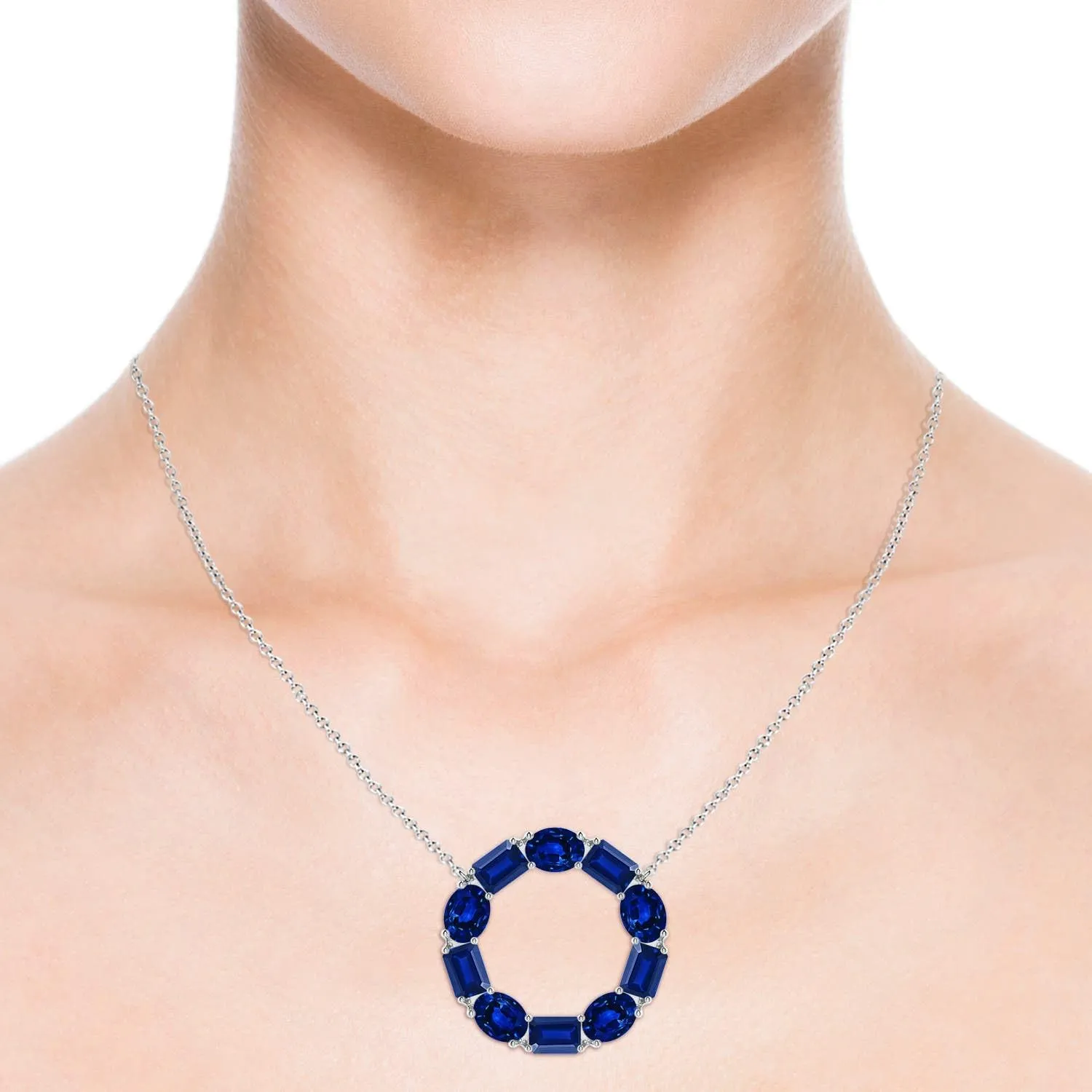 Angara Lab Grown Emerald-Cut and Oval Blue Sapphire Circle of Life Pendant in Silver / 14K Solid Gold/Platinum | September Birthstone, Birthday, Engagement, Anniversary Jewelry Gift for Women