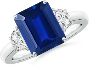 Angara Lab Grown Emerald-Cut Blue Sapphire and Half Moon Lab Diamond Ring in Silver / 14K Solid Gold/Platinum | September Birthstone, Birthday, Engagement, Anniversary Jewelry Gift for Women