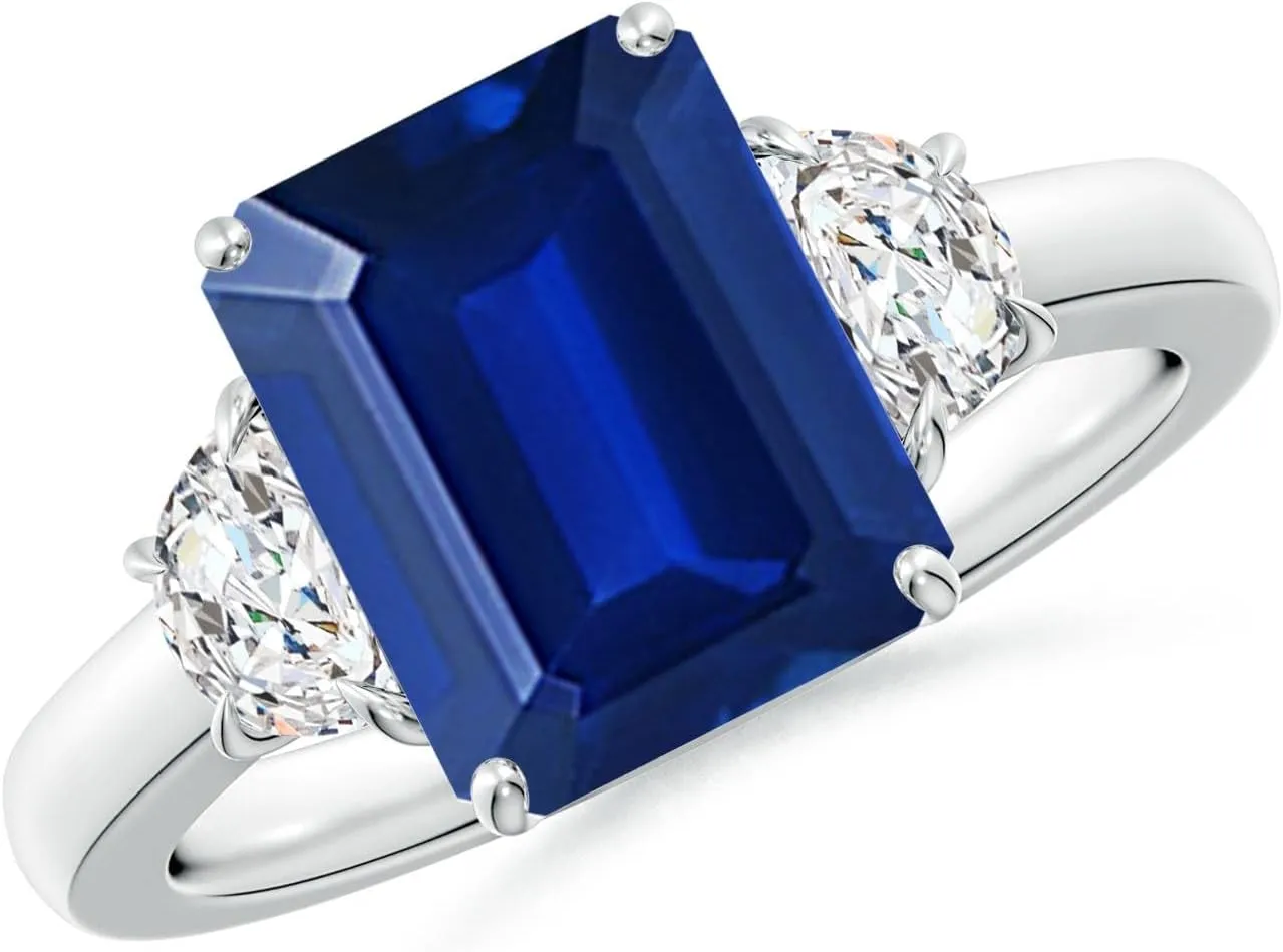 Angara Lab Grown Emerald-Cut Blue Sapphire and Half Moon Lab Diamond Ring in Silver / 14K Solid Gold/Platinum | September Birthstone, Birthday, Engagement, Anniversary Jewelry Gift for Women