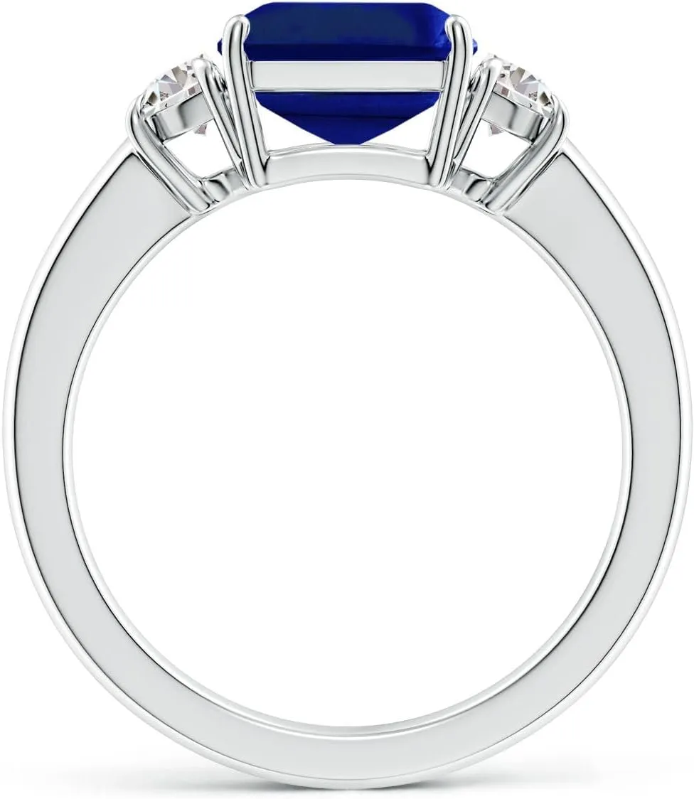 Angara Lab Grown Emerald-Cut Blue Sapphire and Half Moon Lab Diamond Ring in Silver / 14K Solid Gold/Platinum | September Birthstone, Birthday, Engagement, Anniversary Jewelry Gift for Women