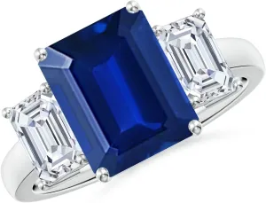 Angara Lab Grown Emerald-Cut Blue Sapphire and Lab Diamond Three Stone Ring in Silver / 14K Solid Gold/Platinum | September Birthstone, Birthday, Engagement, Anniversary Jewelry Gift for Women