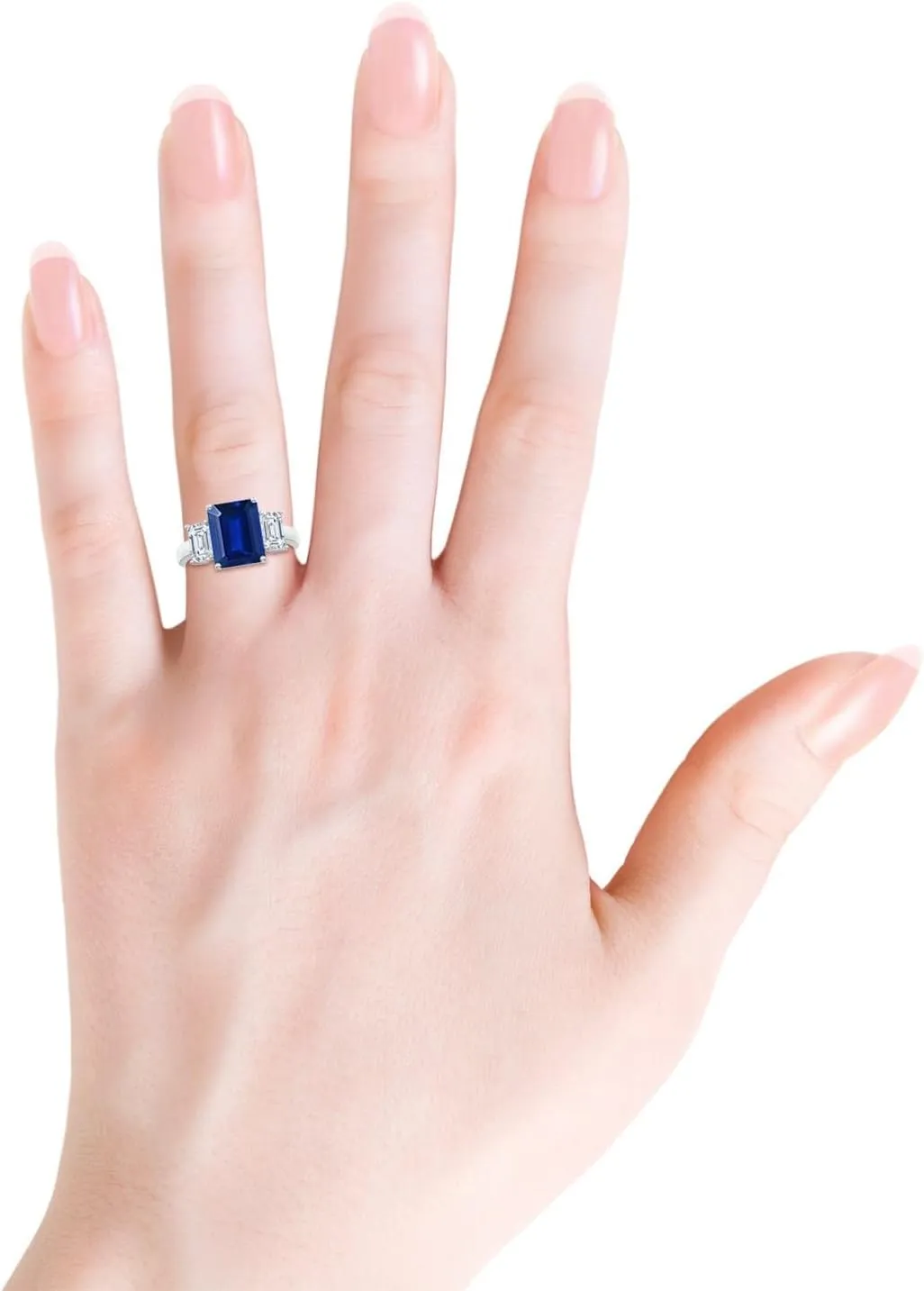 Angara Lab Grown Emerald-Cut Blue Sapphire and Lab Diamond Three Stone Ring in Silver / 14K Solid Gold/Platinum | September Birthstone, Birthday, Engagement, Anniversary Jewelry Gift for Women