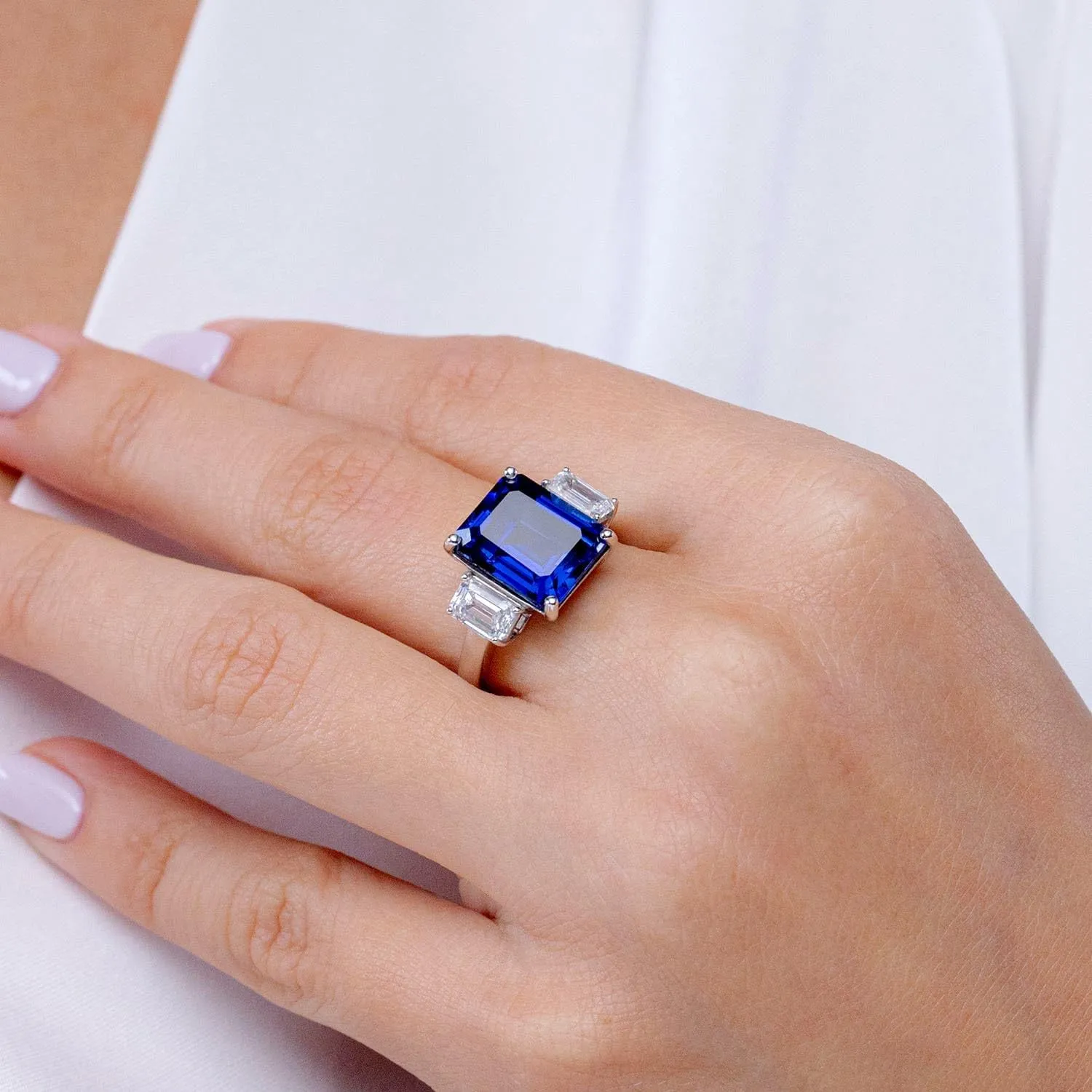 Angara Lab Grown Emerald-Cut Blue Sapphire and Lab Diamond Three Stone Ring in Silver / 14K Solid Gold/Platinum | September Birthstone, Birthday, Engagement, Anniversary Jewelry Gift for Women