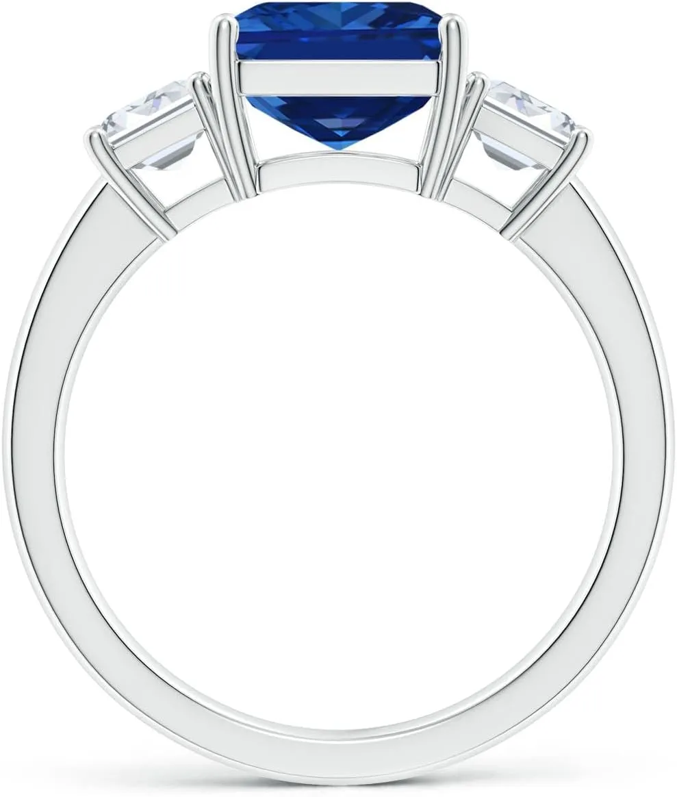 Angara Lab Grown Emerald-Cut Blue Sapphire and Lab Diamond Three Stone Ring in Silver / 14K Solid Gold/Platinum | September Birthstone, Birthday, Engagement, Anniversary Jewelry Gift for Women