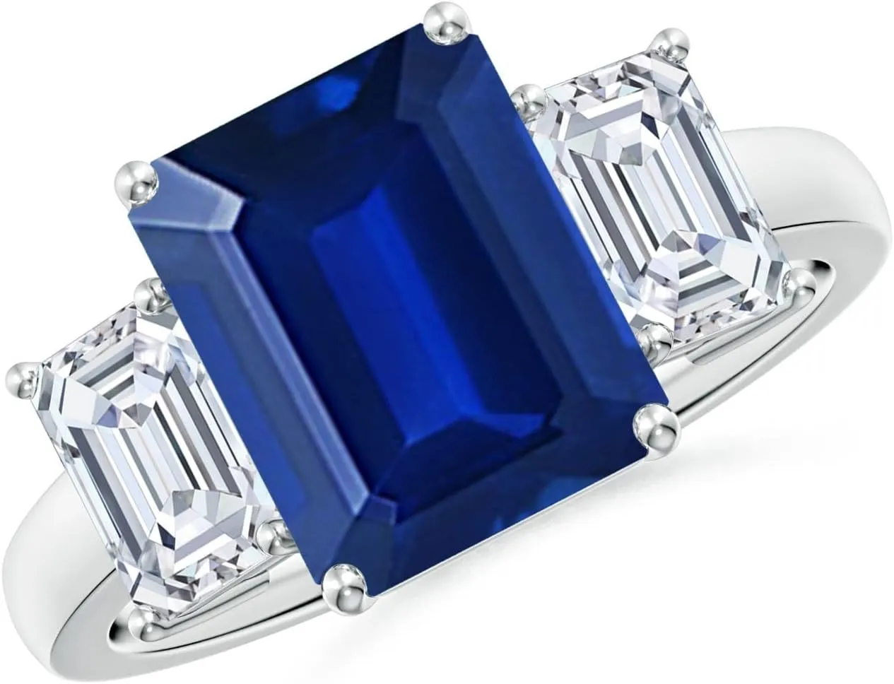 Angara Lab Grown Emerald-Cut Blue Sapphire and Lab Diamond Three Stone Ring in Silver / 14K Solid Gold/Platinum | September Birthstone, Birthday, Engagement, Anniversary Jewelry Gift for Women