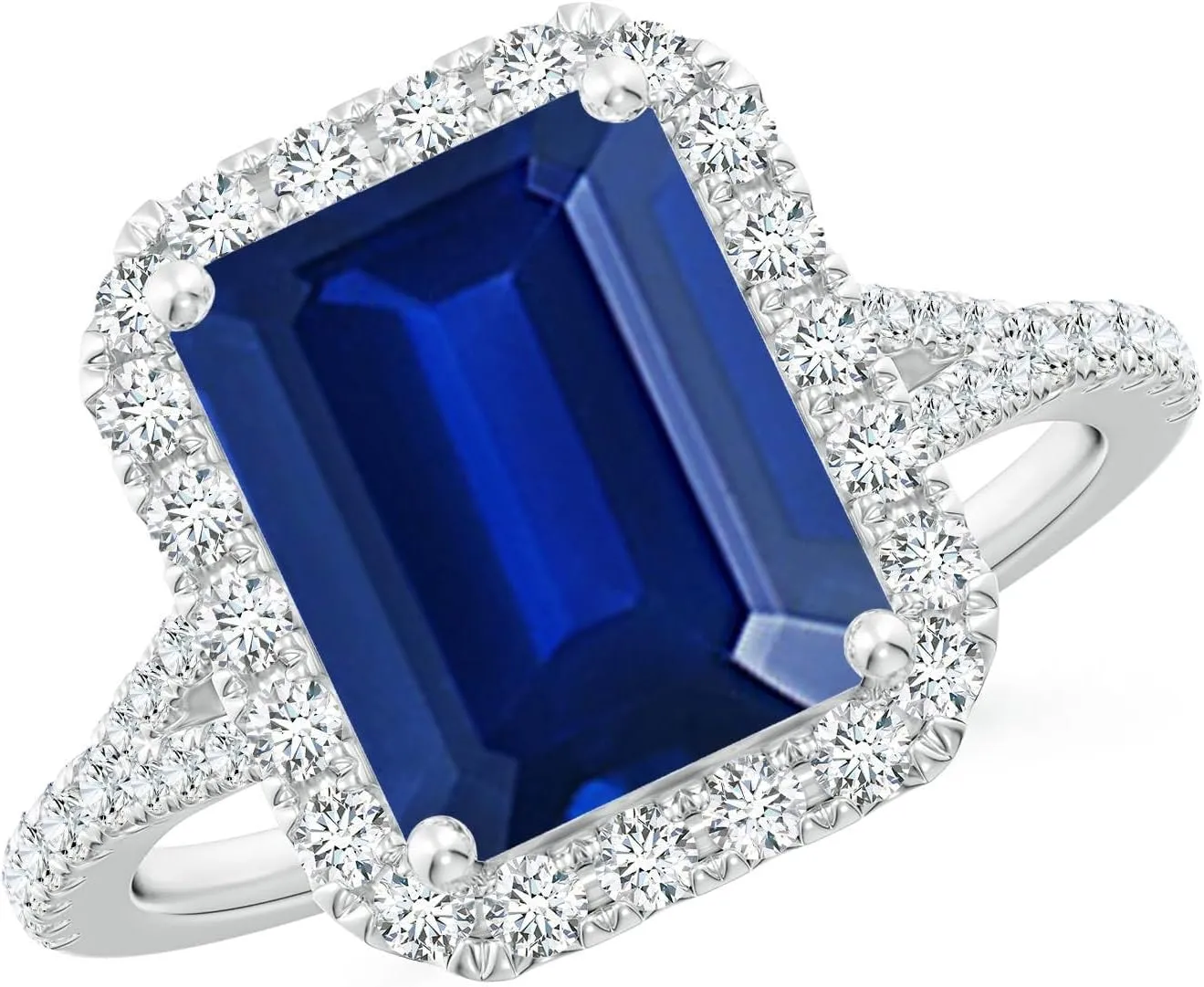 Angara Lab Grown Emerald-Cut Blue Sapphire Halo Split Shank Engagement Ring in 14K Solid Gold/Platinum | September Birthstone, Birthday, Anniversary, Wedding Jewelry Gift for Women